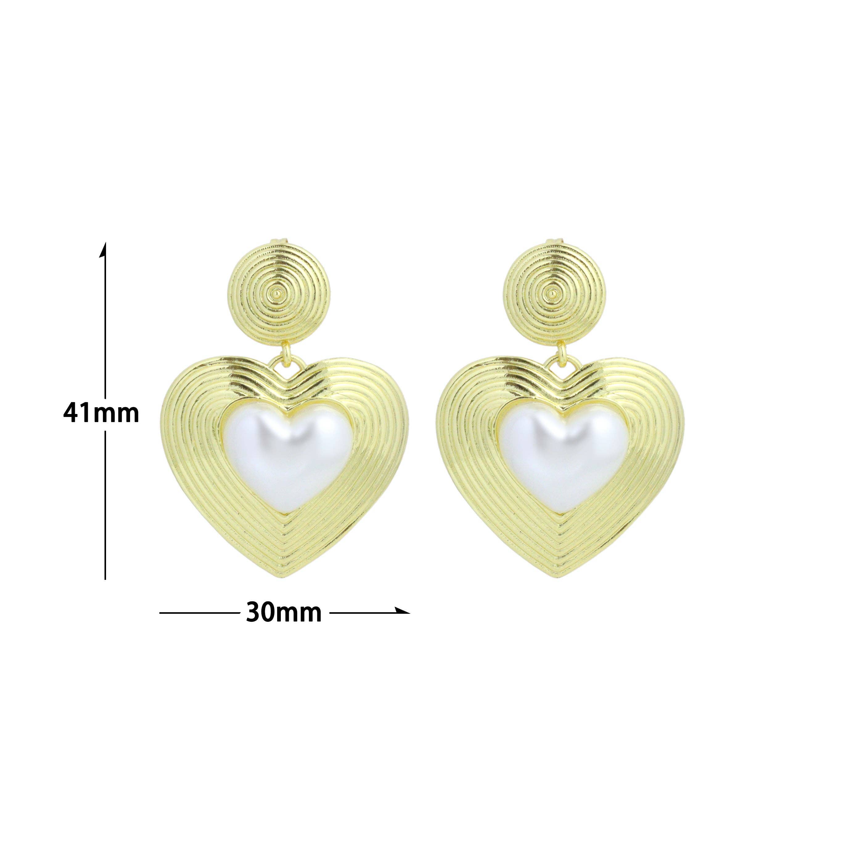 Gold Silver White Pearl On Heart Shape Statement Earrings, Sku#A467