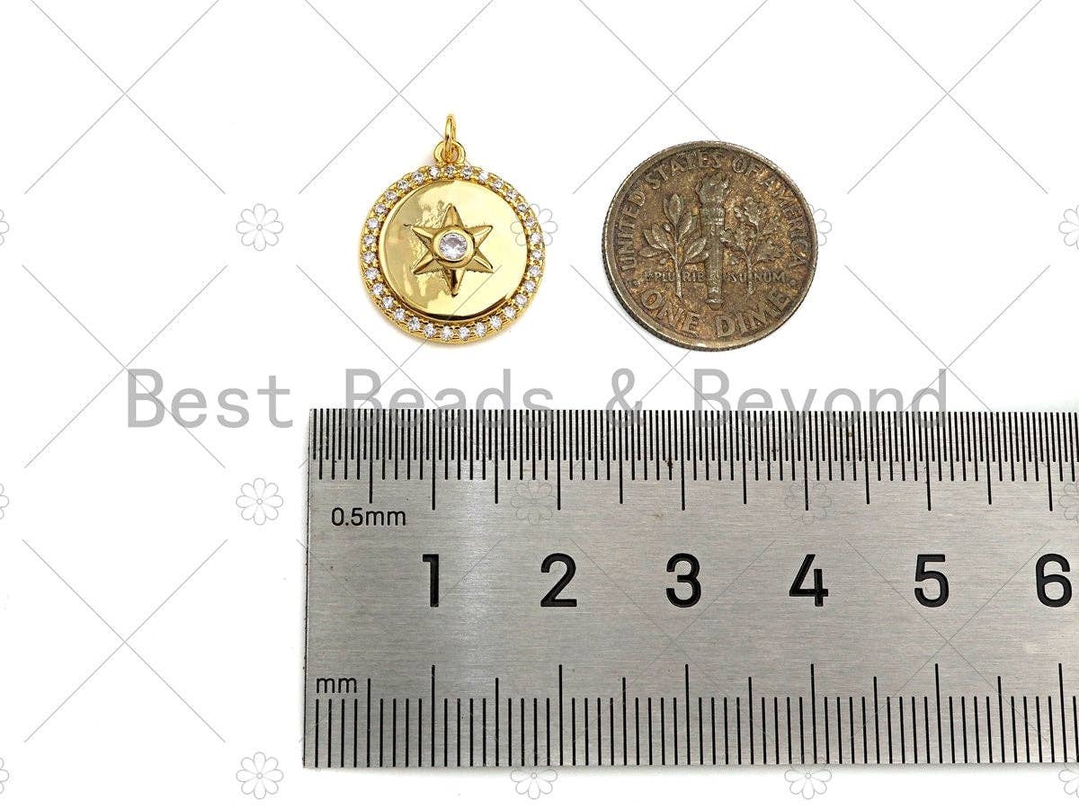 CZ Micro Pave North Star On Round Coin Pendant/Charm,Cubic Zirconia Star Charm, Necklace Bracelet Charm Pendant,15x17mm, Sku#Y395