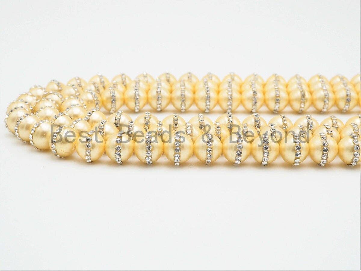 6mm/8mm/10mm/12mm Round Gold Pearl with rhinestone inlaid, Plated White Round Mother of Pearl Beads, 15.5inch Full strand,SKU#V31