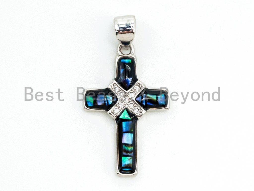 Abalone CZ Micro Pave Cross Pendant, 24K Gold Silver Plated, Cubic Zirconia Abalone Charm/Pendant, Jewelry Findings, 14x22mm, sku#Z44