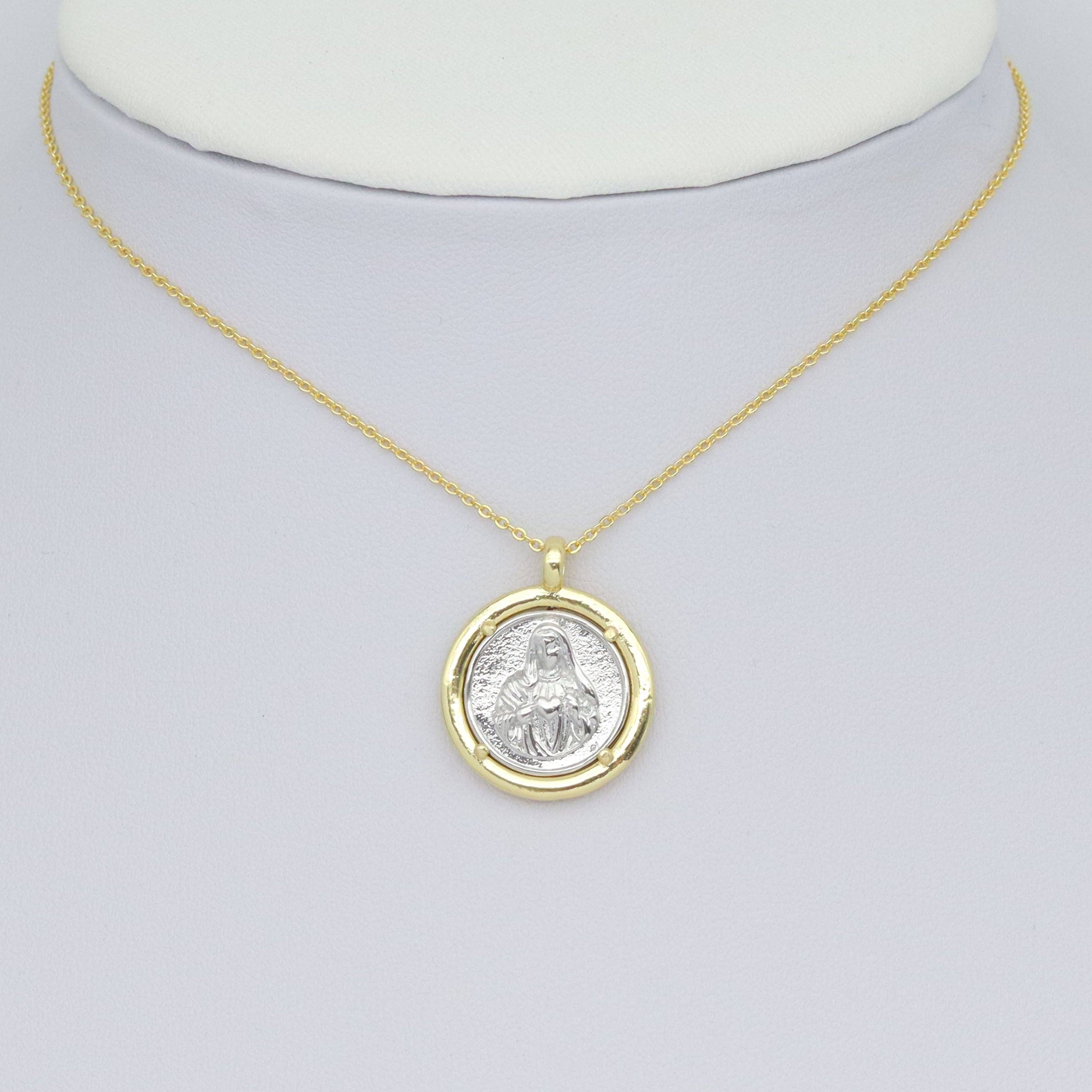 Dual color Virgin Mary Gold Coin Charm Pendant, Sku#LK1016