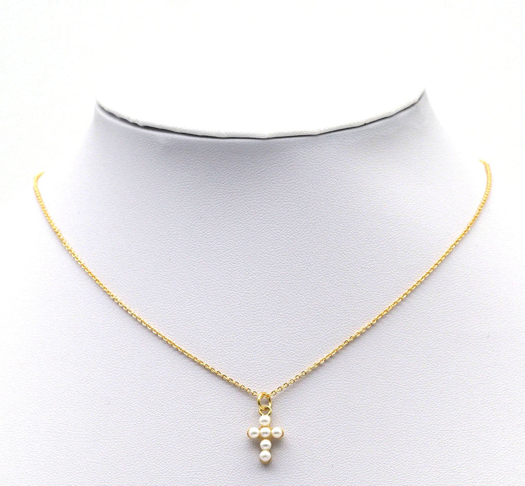 Cute Gold CZ Pearl Cross Charm, Sku#LD341