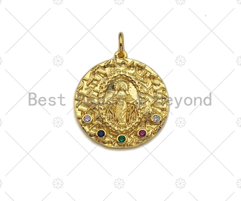 Colorful CZ Micro Pave Embossed Virgin Mary On Round Coin Charms, 18K Gold Filled Virgin Mary Pendant, Necklace Charms, 19x21mm, Sku#Z1169