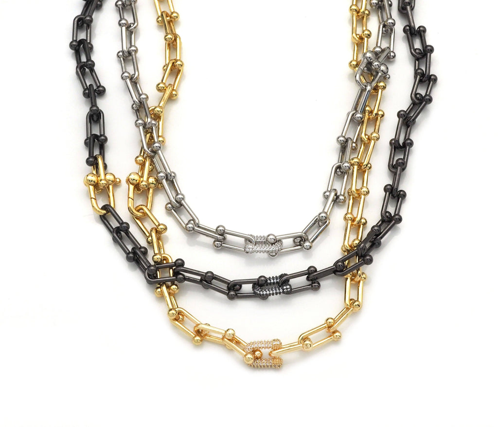 U Shape Chain Necklace with/without CZ Link focal, Sku#EF183