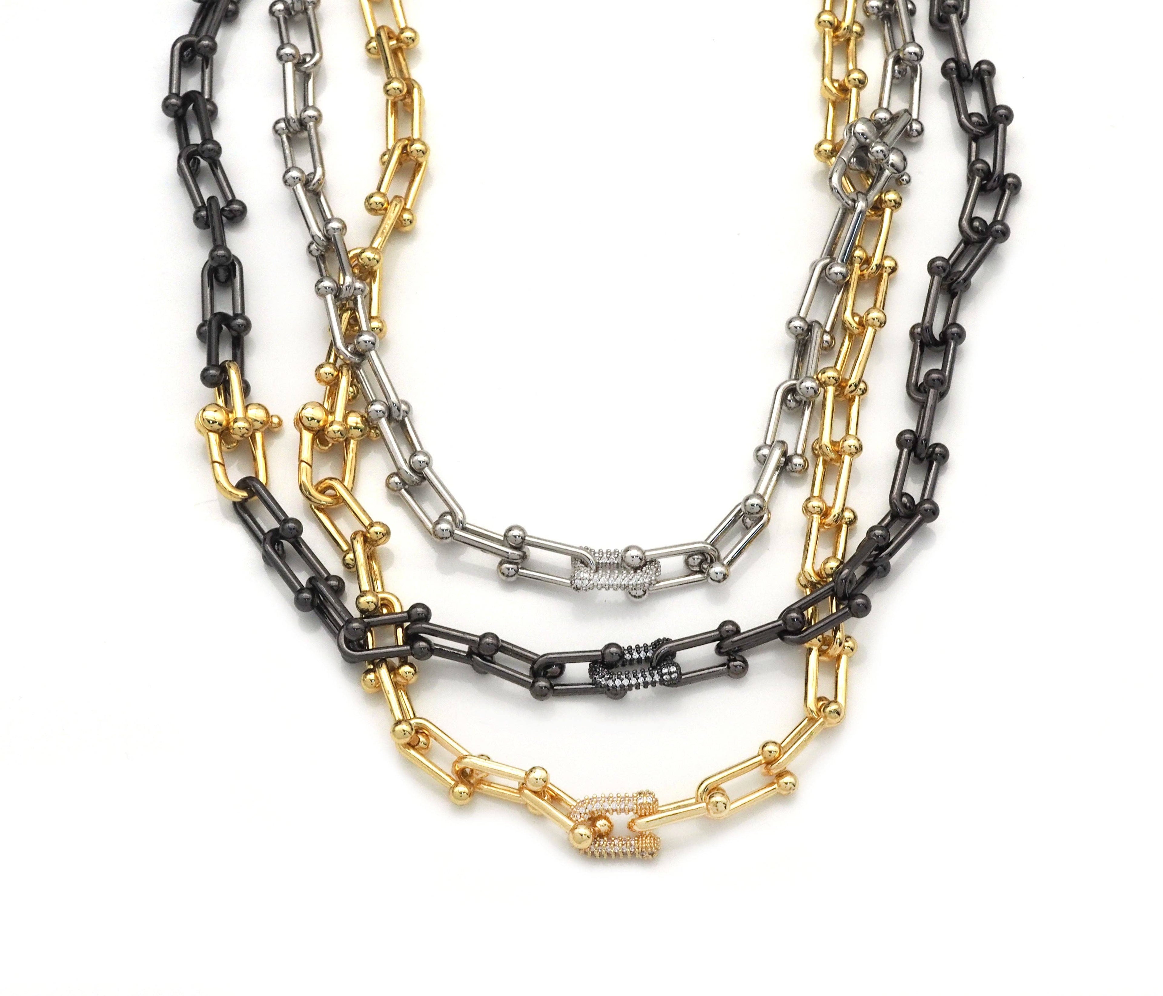 U Shape Chain Necklace with/without CZ Link focal, Sku#EF183