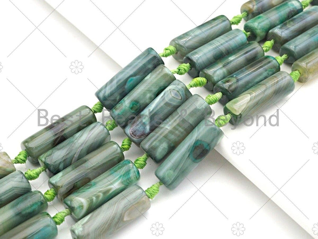 Natural Green Agate Cylinder Spacer Beads, Green Agate Spacer Beads, Tibetan Dzi Beads, 10x30mm, Sku#U1018