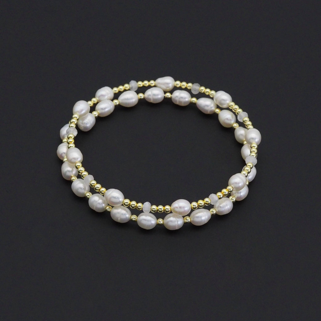 CZ White Pearl Gold Spacer Wire Wrap Bracelet, Sku#EF519