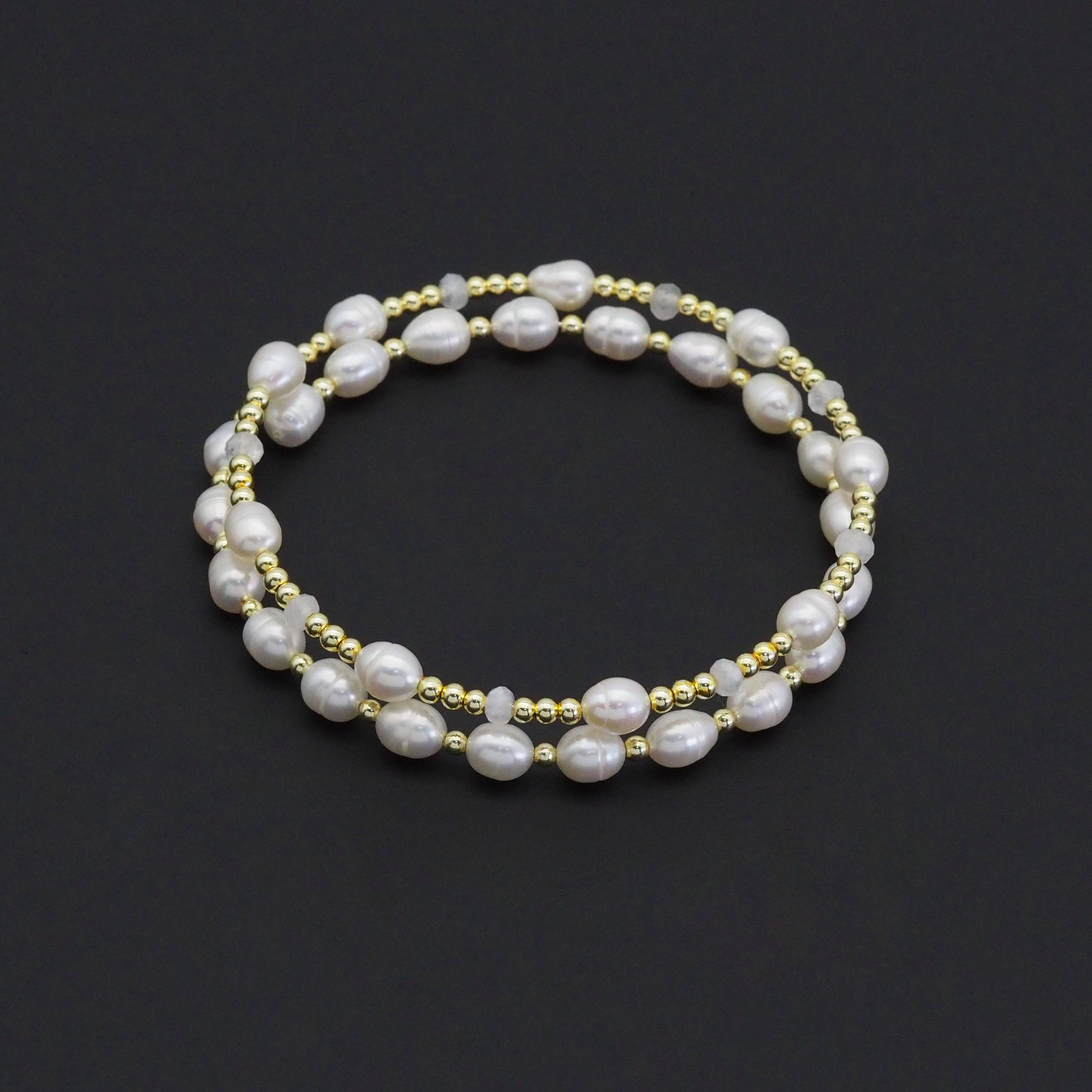 CZ White Pearl Gold Spacer Wire Wrap Bracelet, Sku#EF519