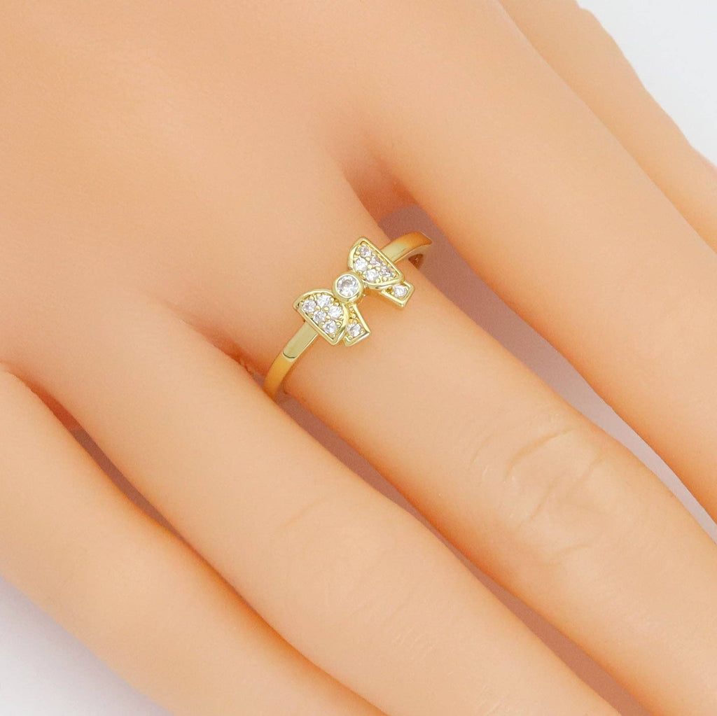 Gold Silver Clear CZ Bow Adjustable Ring, Sku#A322