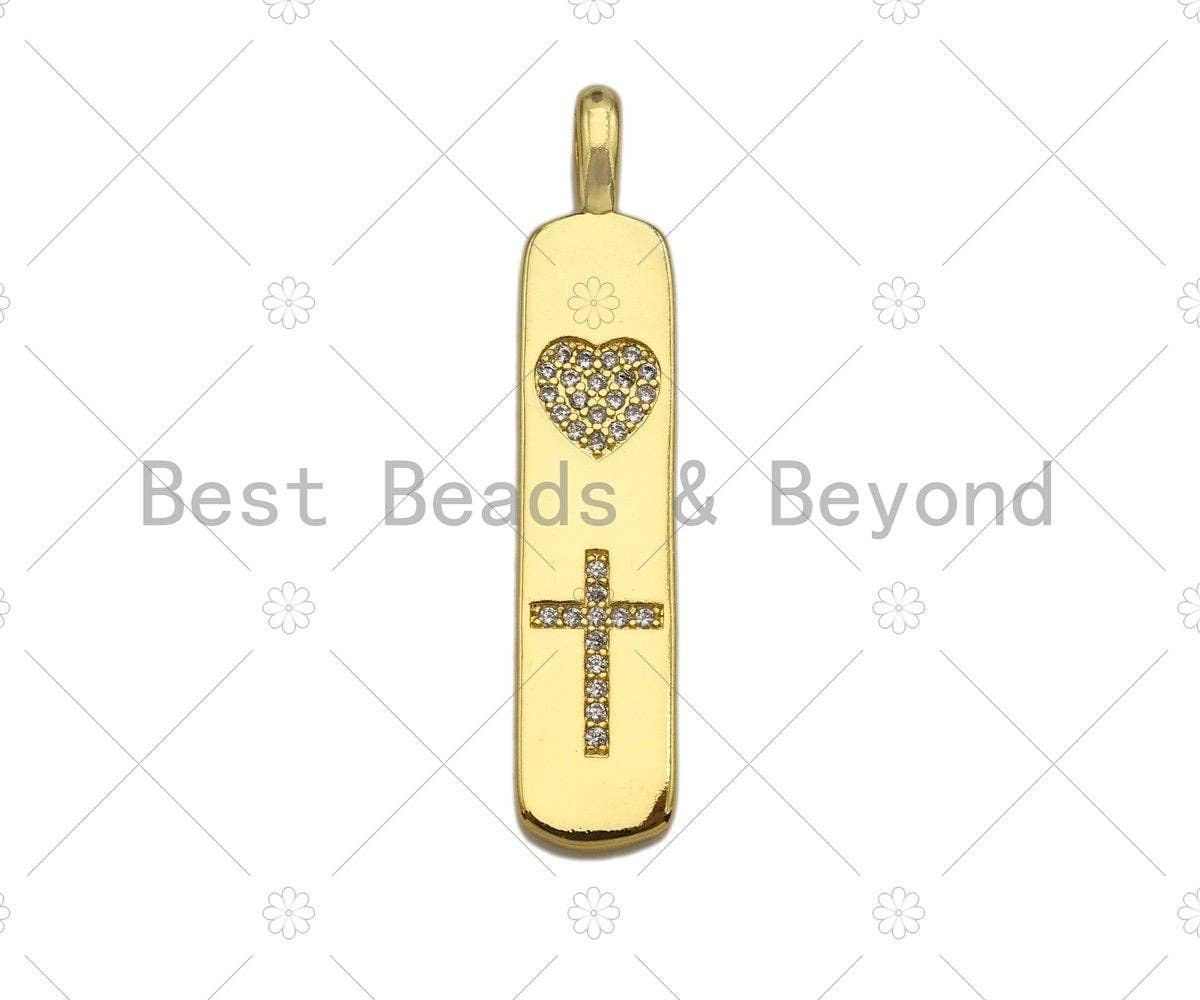 CZ Micro Pave 18k Gold Moon Heart Cross Star Bar Pendant, Cubic Zirconia Pendant, Pattern Charm, CZ Micro Pave Pendant,9x42mm, Sku#LK182