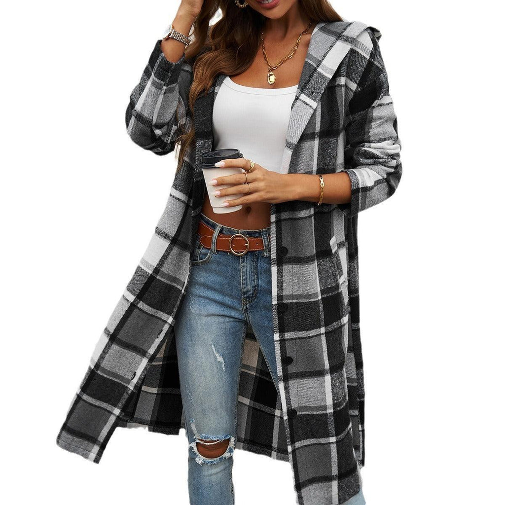 Veste à capuche contrastée – Vêtement d'extérieur élégant de cow-girl à motif à carreaux