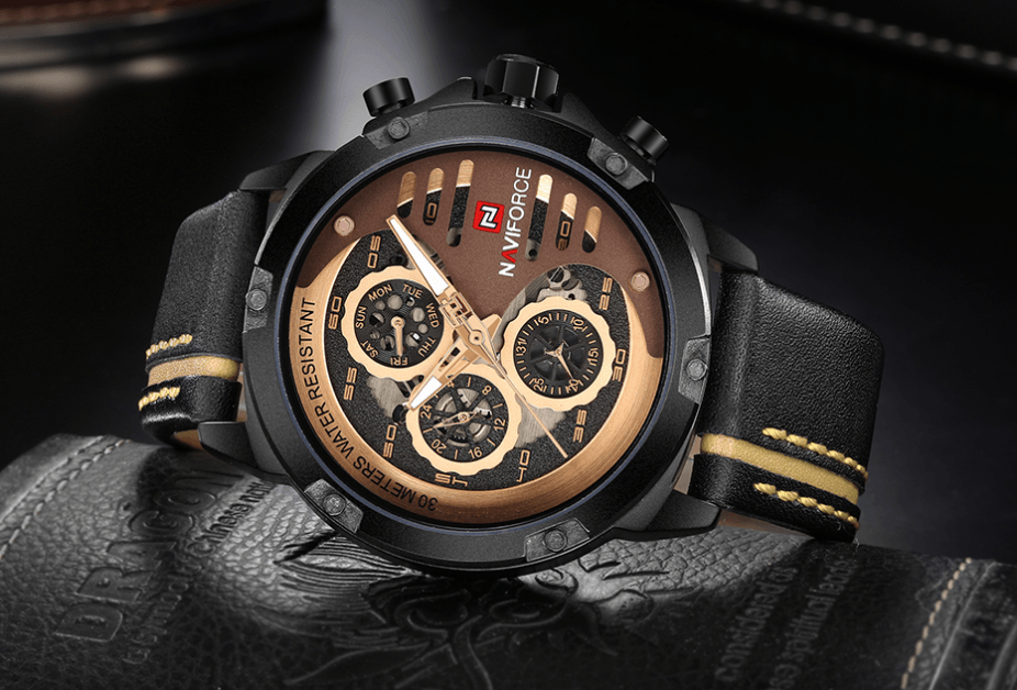 Montre de Sport Étanche Homme avec Chronomètres et Bracelet en Cuir Montre-Bracelet Multifonction Design Unique Cadeau Parfait