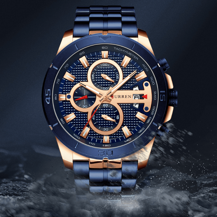 Montre étanche pour homme avec chronomètres, affichage du jour et aiguilles fluorescentes. Design de luxe unique. Cadeau parfait.