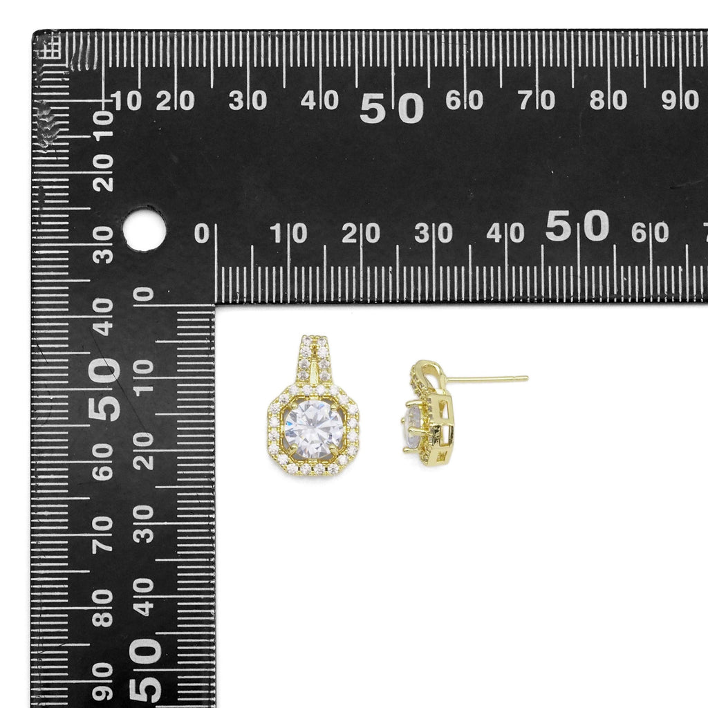 Clear CZ Round Square Gold Stud Earrings Pendant Necklace, Sku#LK904