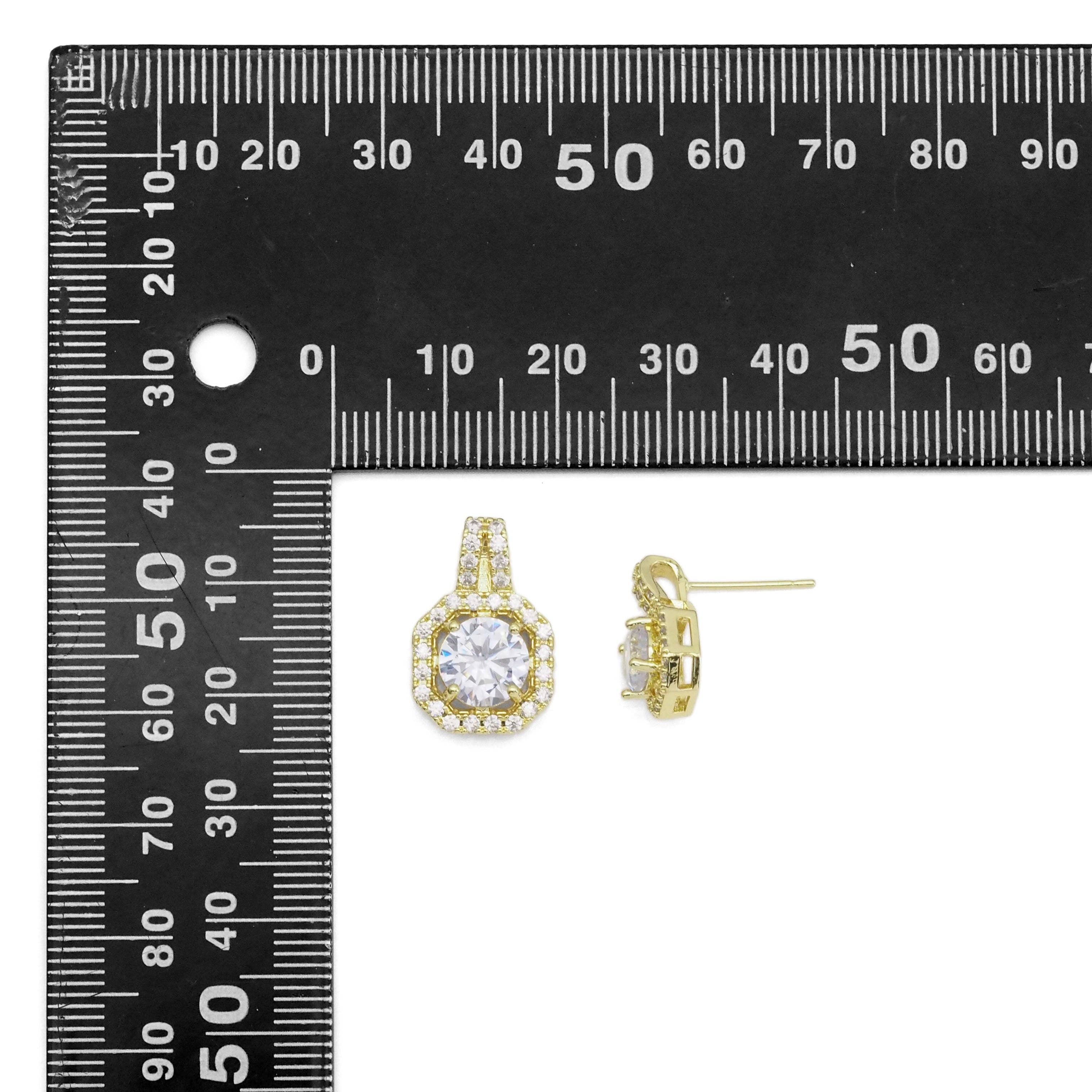 Clear CZ Round Square Gold Stud Earrings Pendant Necklace, Sku#LK904