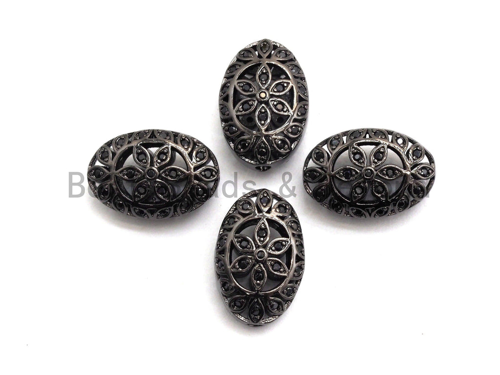 Black CZ Pave On Black  Micro Pave Oval Spacer Beads with Flower Pattern, Black CZ Pave Beads for Bracelet/Necklace, 12x17mm, sku#G416