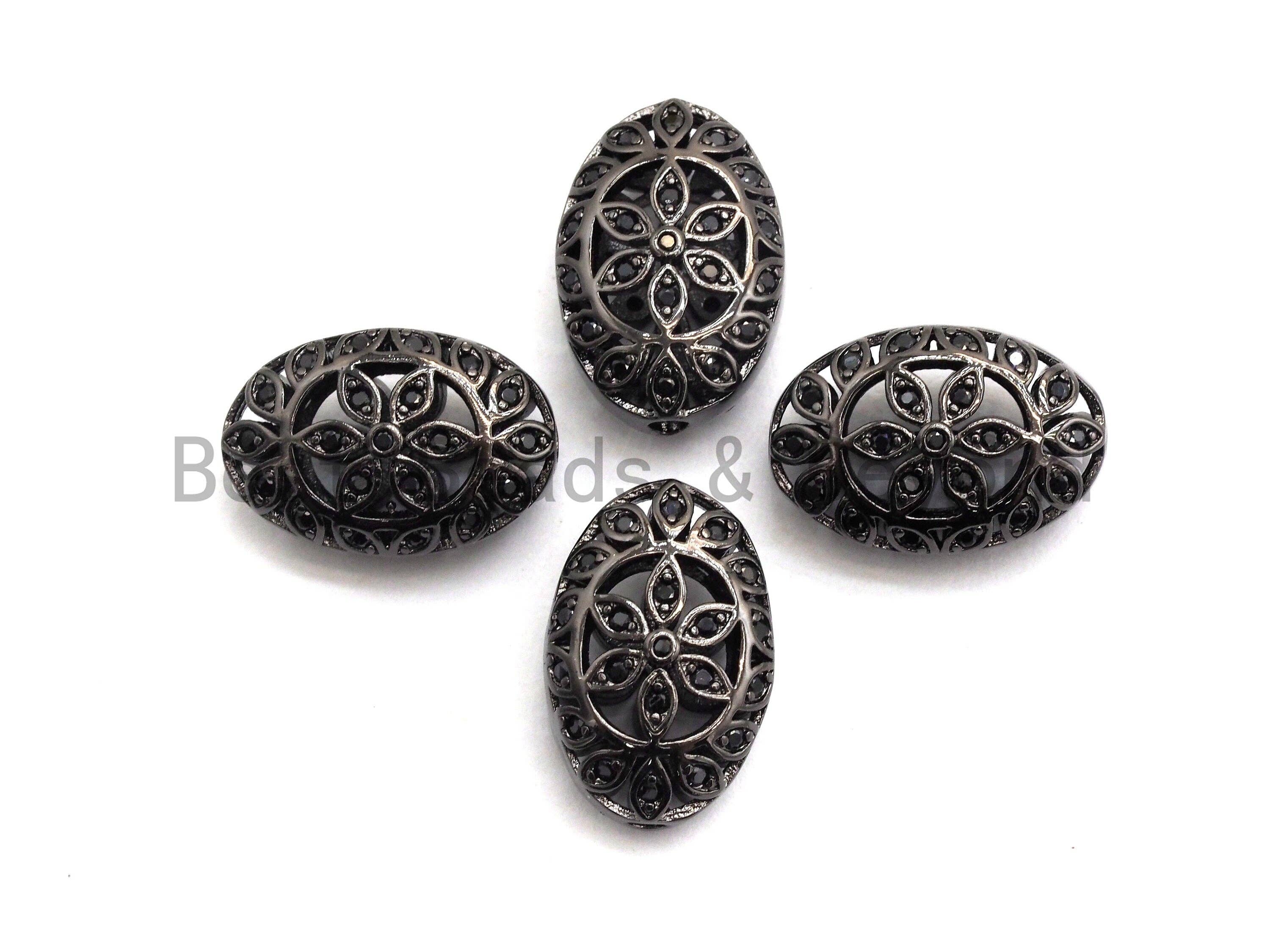 Black CZ Pave On Black  Micro Pave Oval Spacer Beads with Flower Pattern, Black CZ Pave Beads for Bracelet/Necklace, 12x17mm, sku#G416
