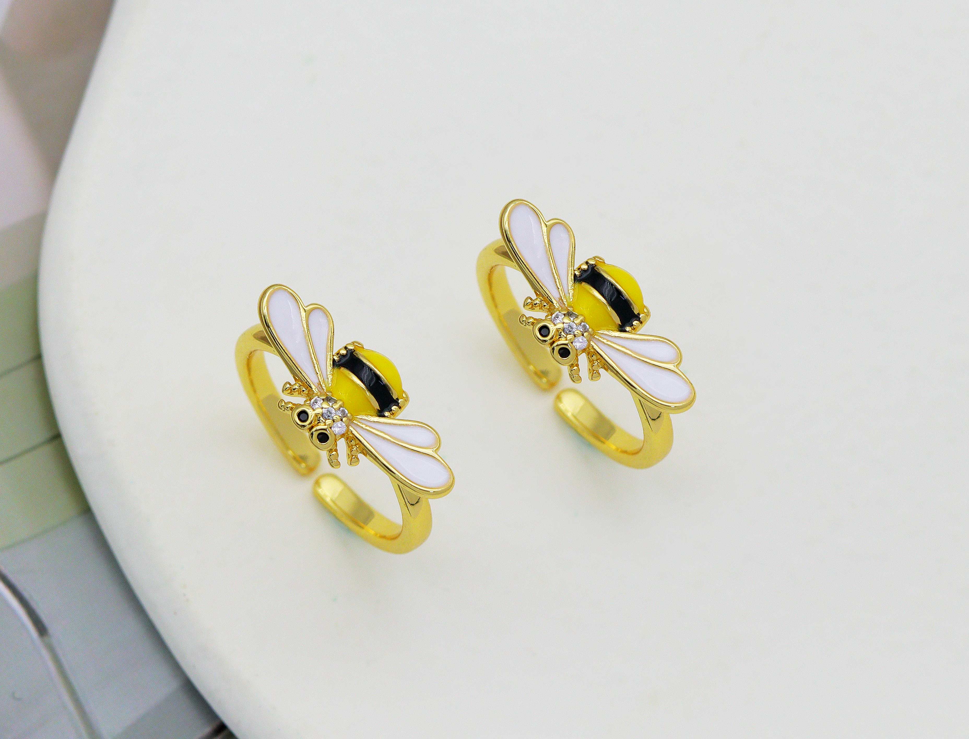 CZ Enamel Bee Adjustable Ring, Sku#LD293