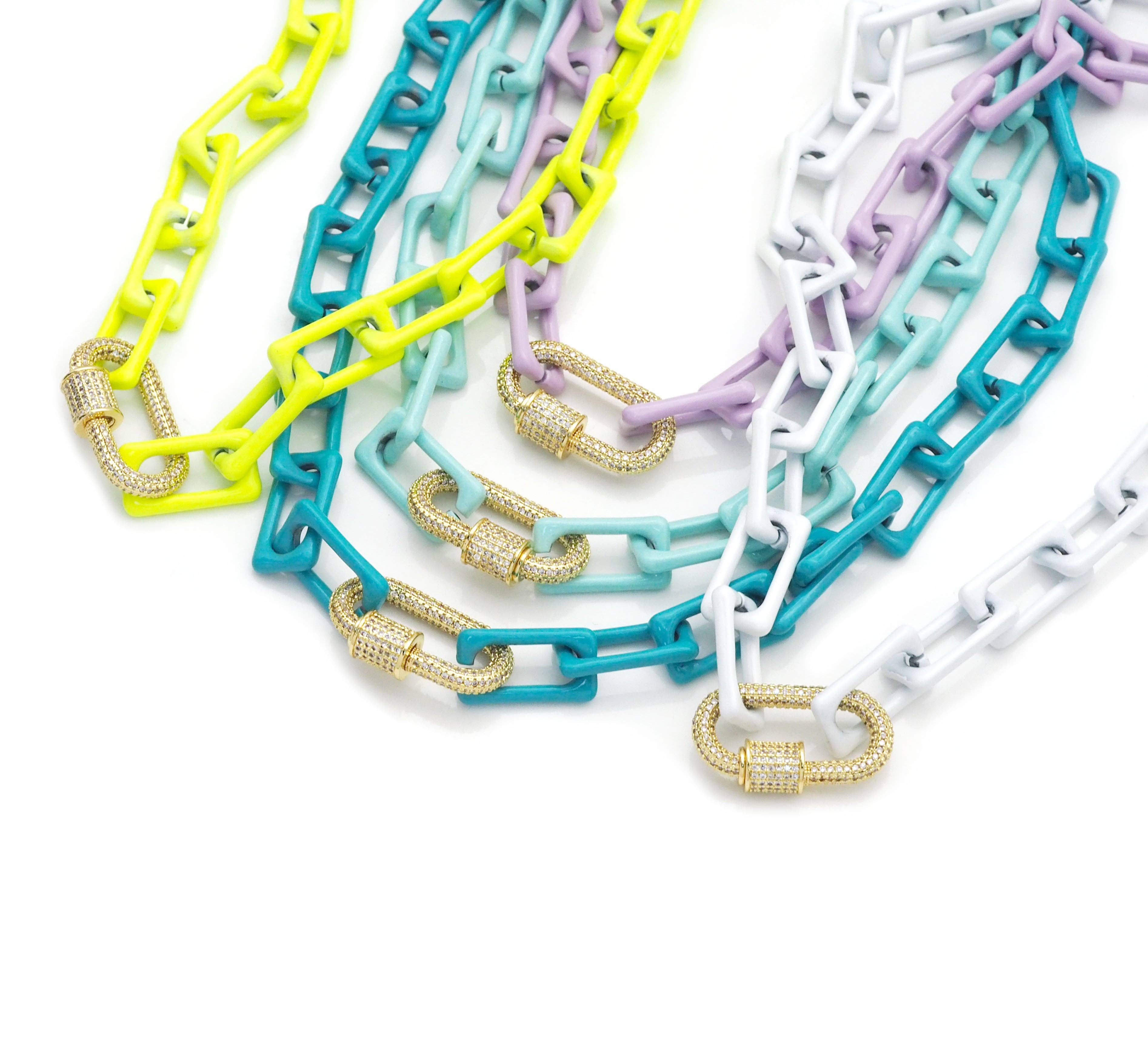 Colorful Enamel CZ Oval Chain Necklace, Sku#EF235
