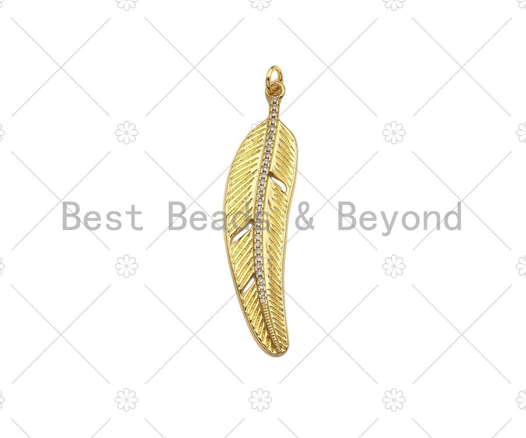 18K Gold Filled Feather Shape Pendant,CZ Micro Pave Gold Filled Charm, Necklace Bracelet Charm Pendant,12x48mm,Sku#Z1342