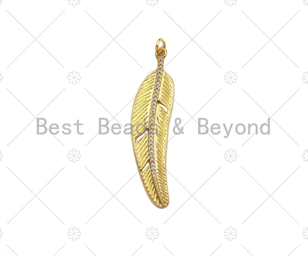 18K Gold Filled Feather Shape Pendant,CZ Micro Pave Gold Filled Charm, Necklace Bracelet Charm Pendant,12x48mm,Sku#Z1342