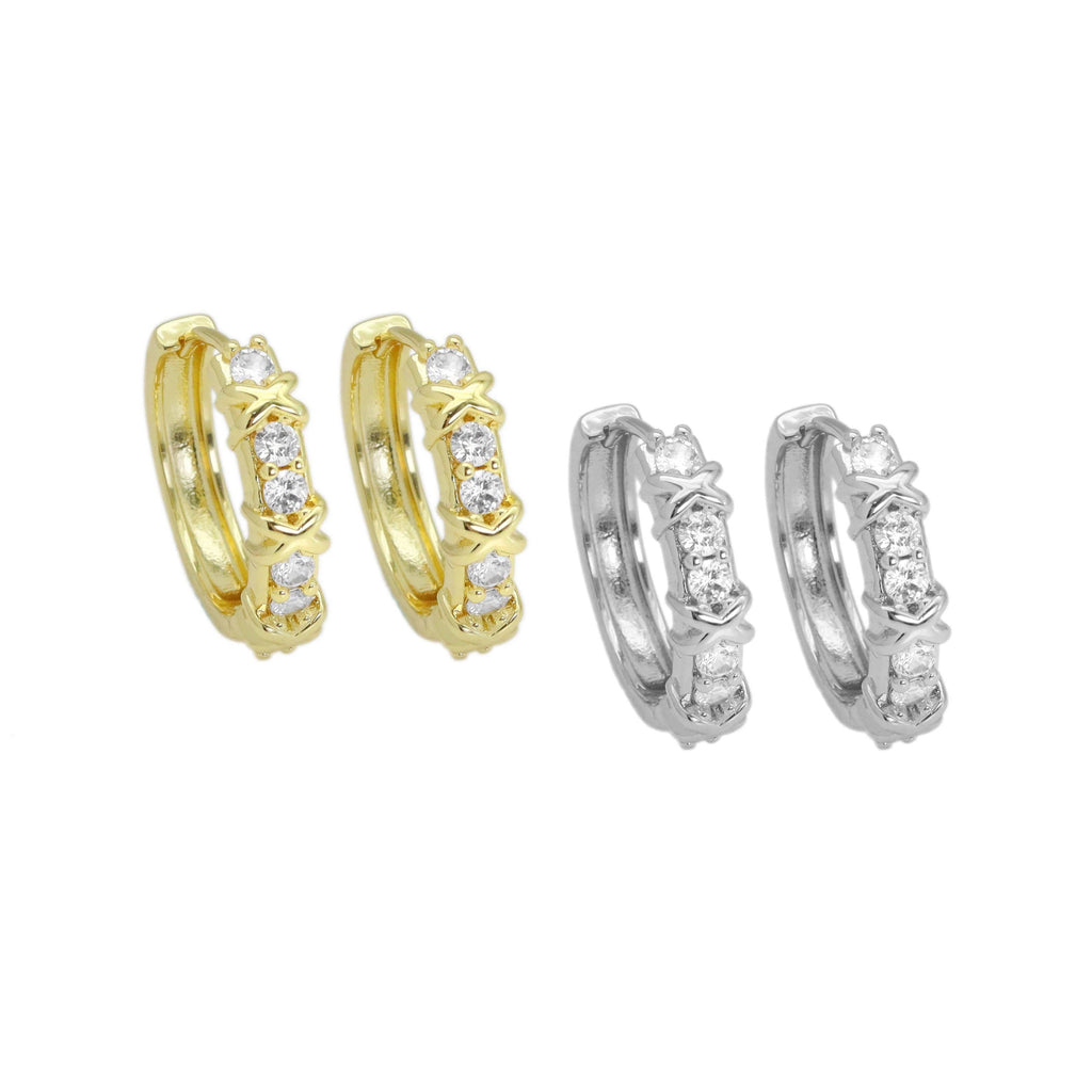 CZ Gold Cross Line Huggie Hoop Earrings, Sku#LX439