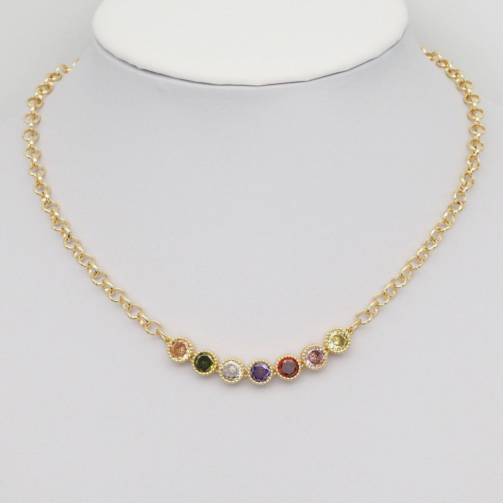 Rolo Link Round Colorful CZ Gold Chain Necklace, Sku#EF357