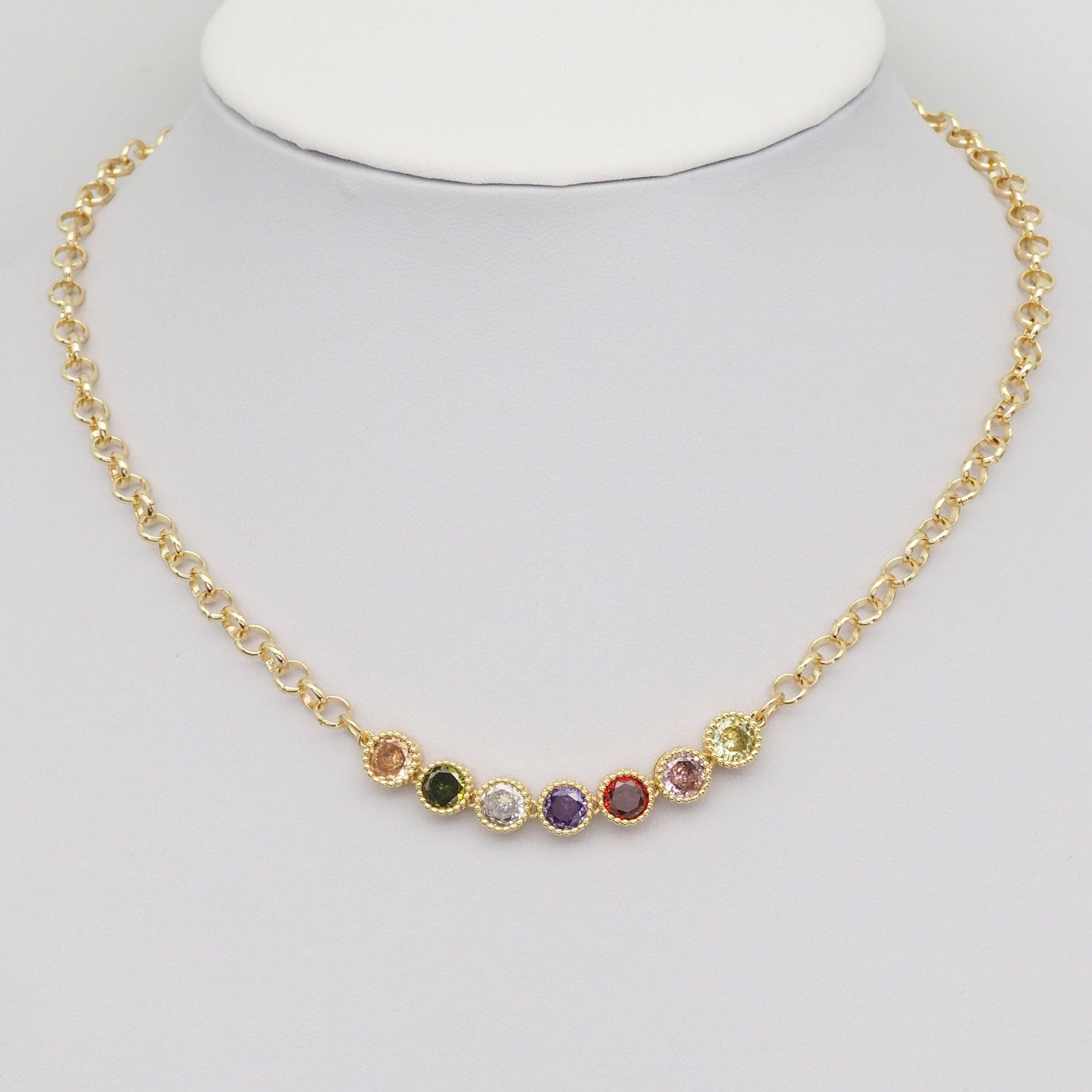 Rolo Link Round Colorful CZ Gold Chain Necklace, Sku#EF357