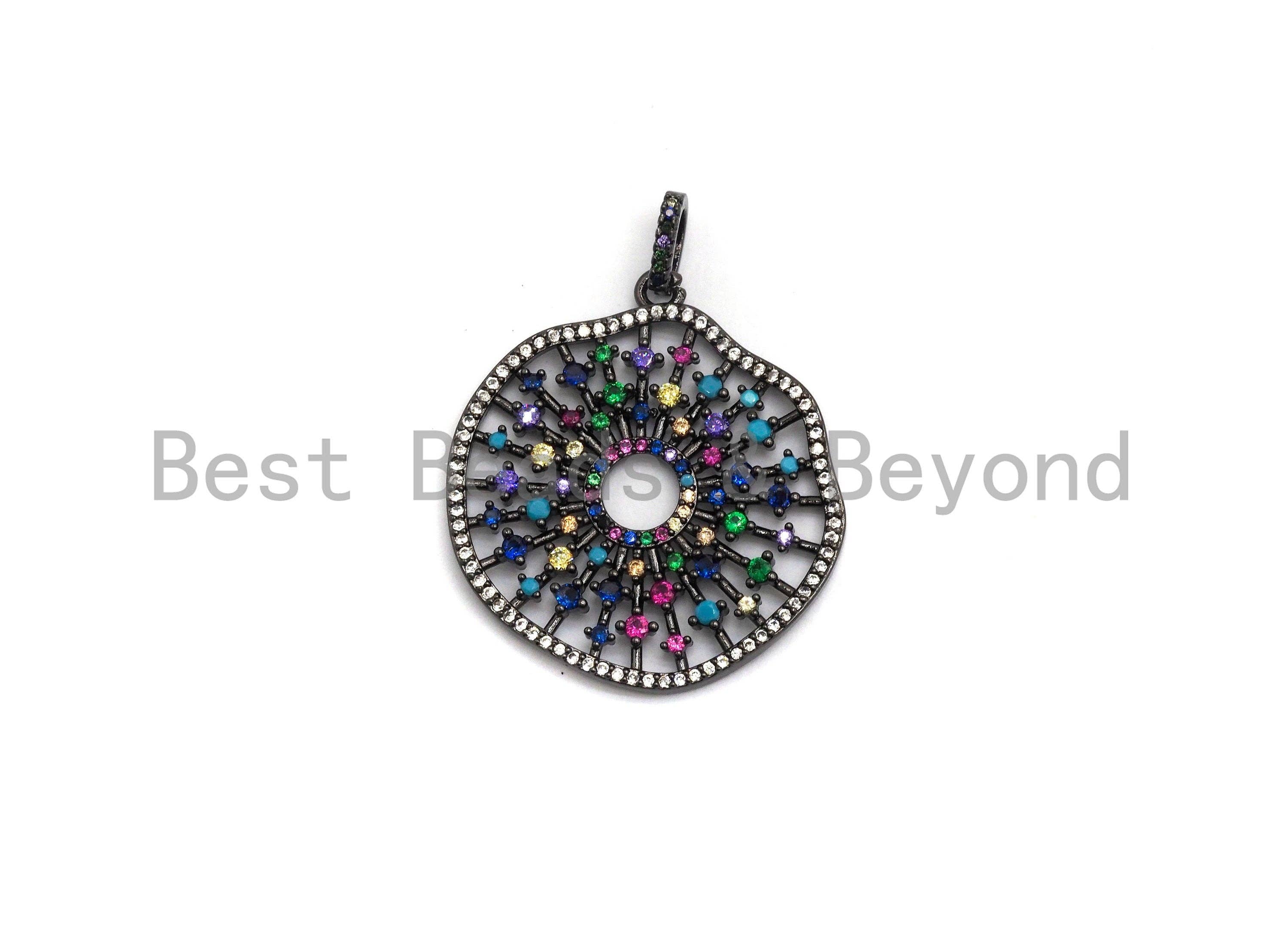 CZ Micro Pave Donut Cobalt/Fuchsia/Green/Black Filigree Hollow Out Flower Pendant, CZ Pave Focal Pendant, 35x33mm sku#F638