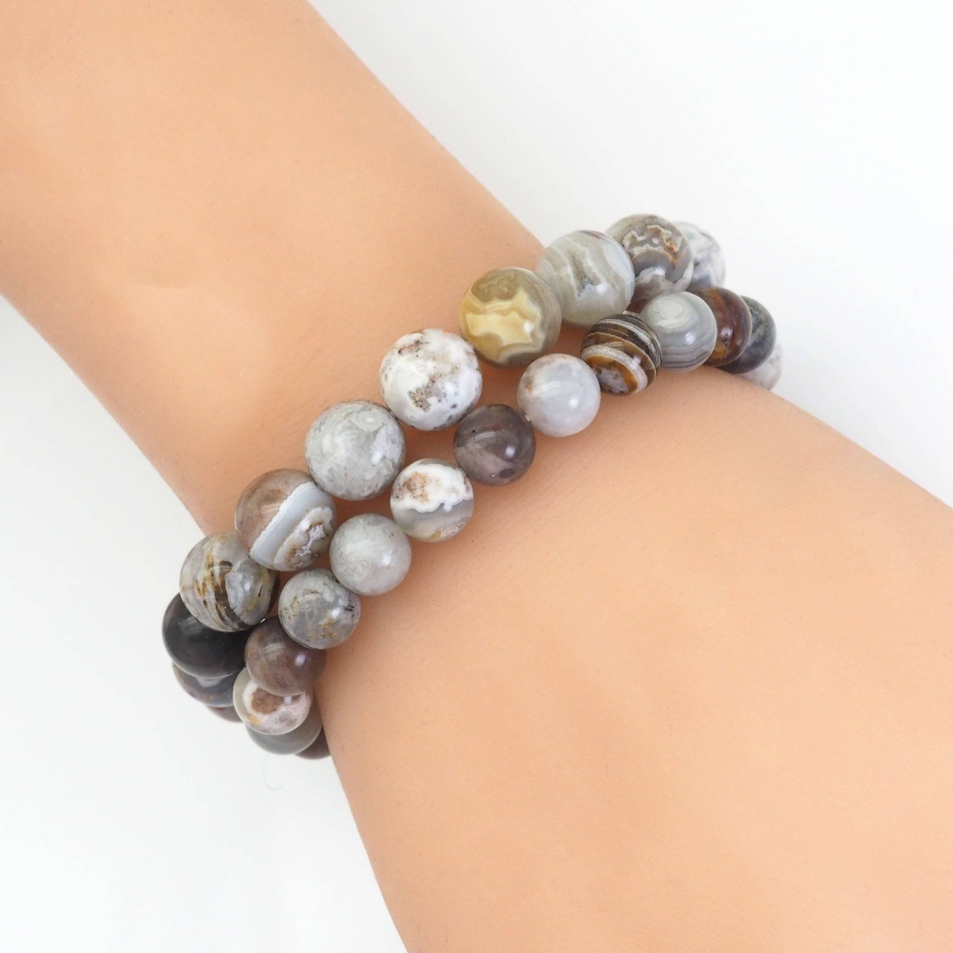Genuine Mexican Agate Round Stretchy Bracelet, Sku#EF443