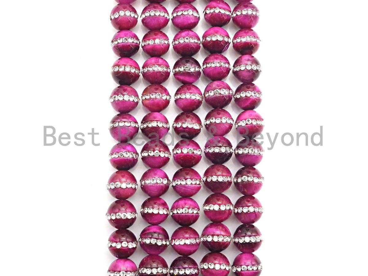 FuchsiaTiger Eye with rhinestone inlaid, 6mm/8mm/10mm/12mm/14mm, Tiger eye Beads, 15.5inch Full strand, SKU#V53