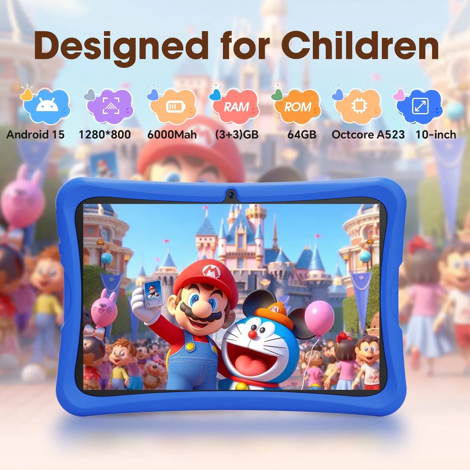 10.1 Inch Android 15 Kids Tablets 2025,6GB RAM + 64GB Rom,Parent Control Kids Education Children Tablet with Wifi,Kid-Proof Case,Blue