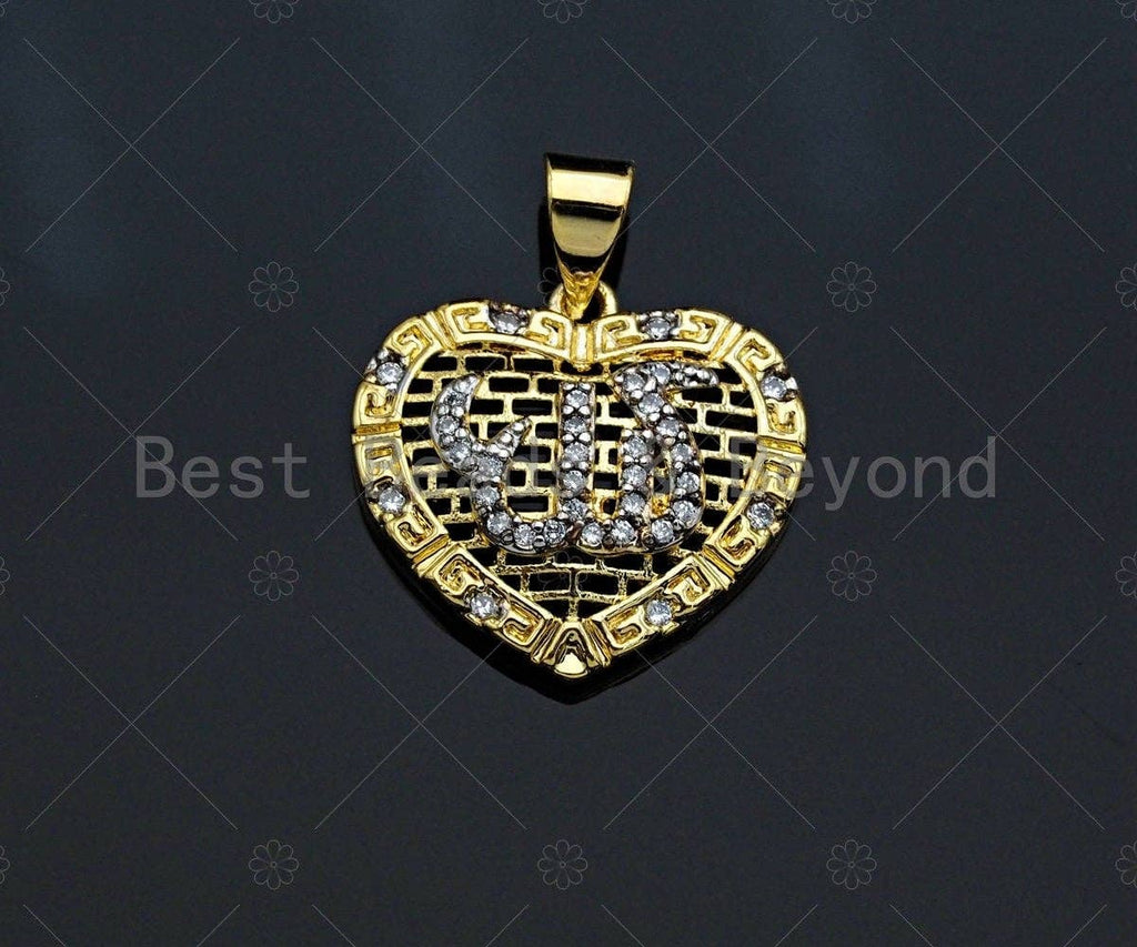 CZ Micro Pave Filigree Heart Shape Pendant, Gold Plated Yoga Sign, Necklace Bracelet Charm Pendant, 18x17mm,sku#F1234