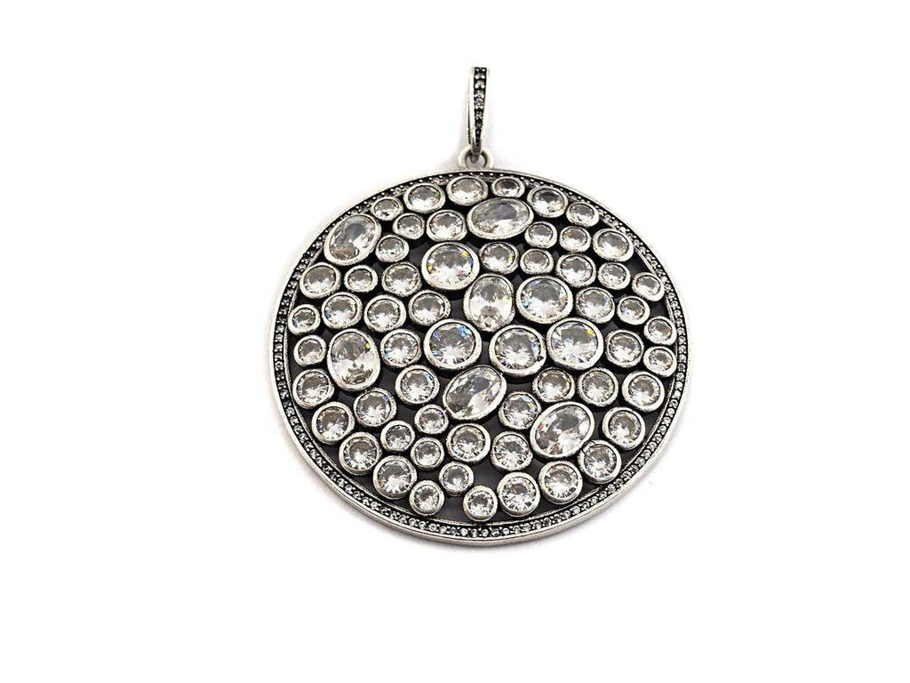 Anitique Finish CZ Micro Pave Large Round Pendant, Antique Silver Tone, Cubic Zirconia Big Pave Pendant, 49x53mm,sku#F979