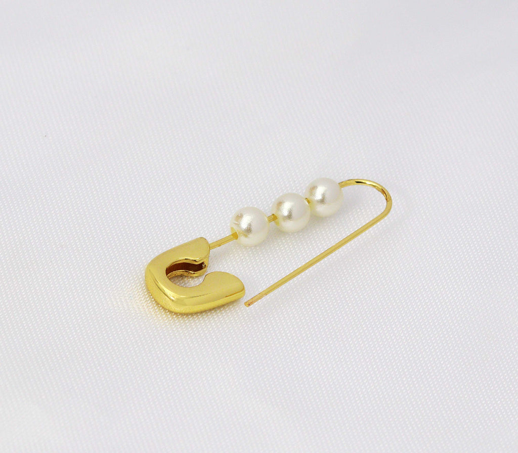 Gold Safety Pin with Pearl Huggie Earrings, Sku#LX39