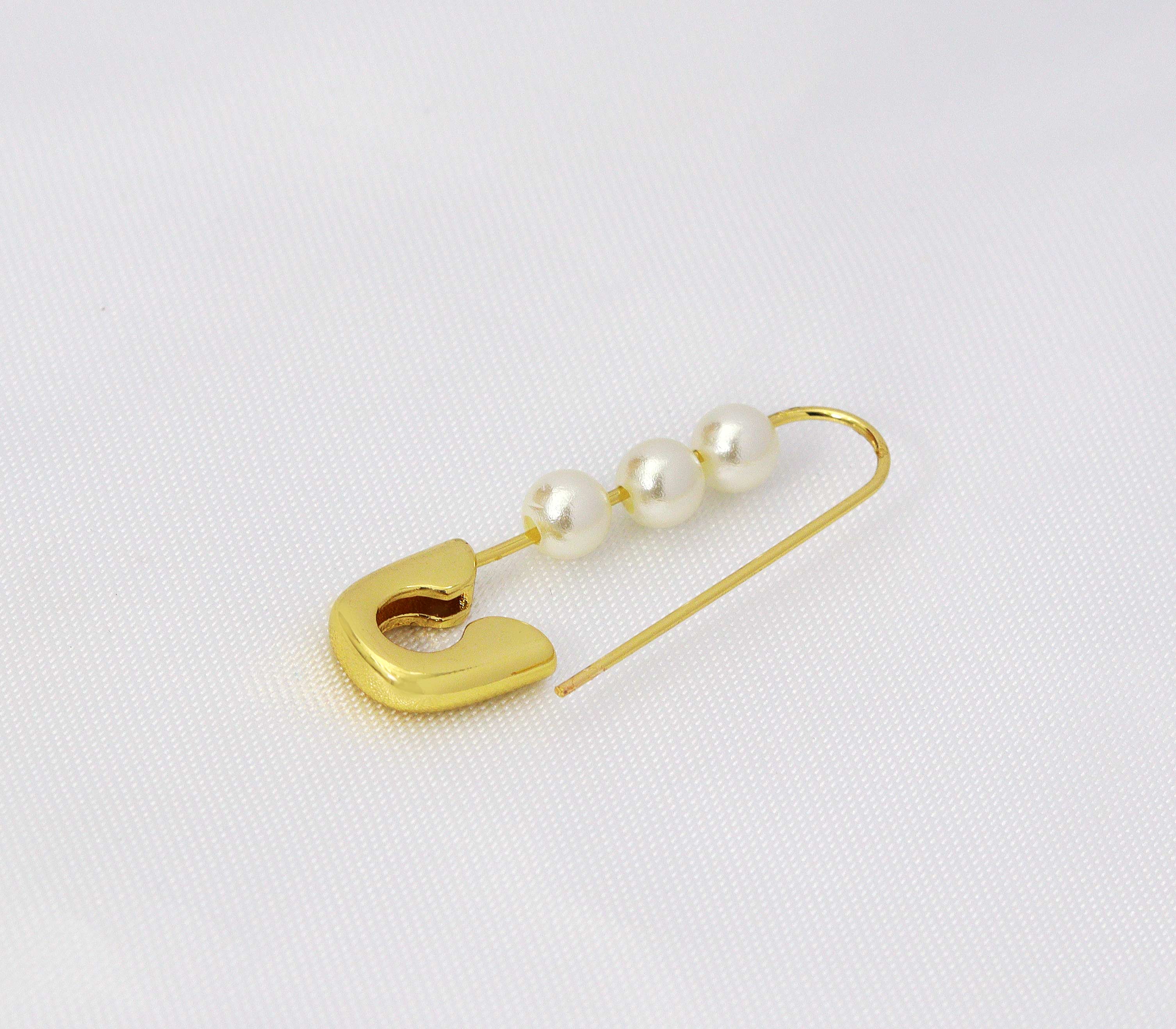 Gold Safety Pin with Pearl Huggie Earrings, Sku#LX39