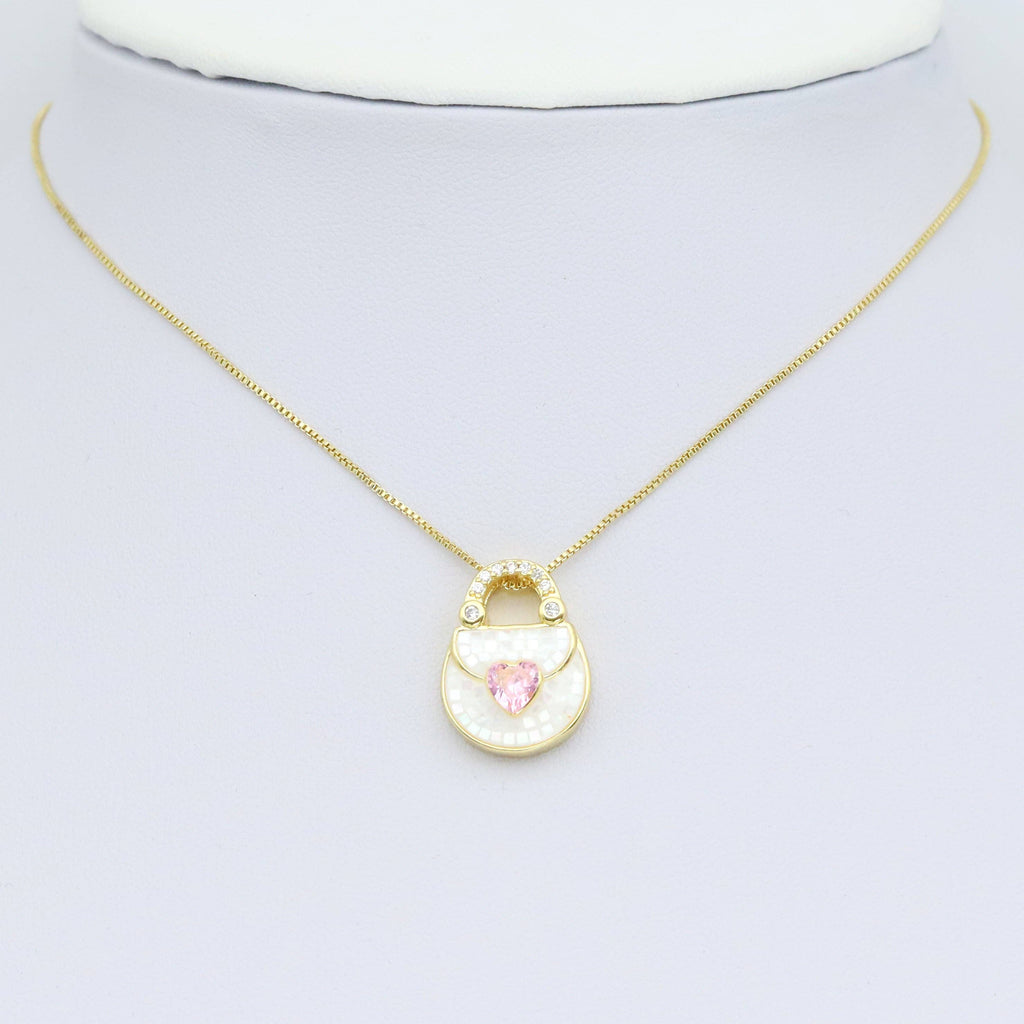 CZ Pave Mother of Pearl Heart Purse Charm Pendant, Sku#WL16