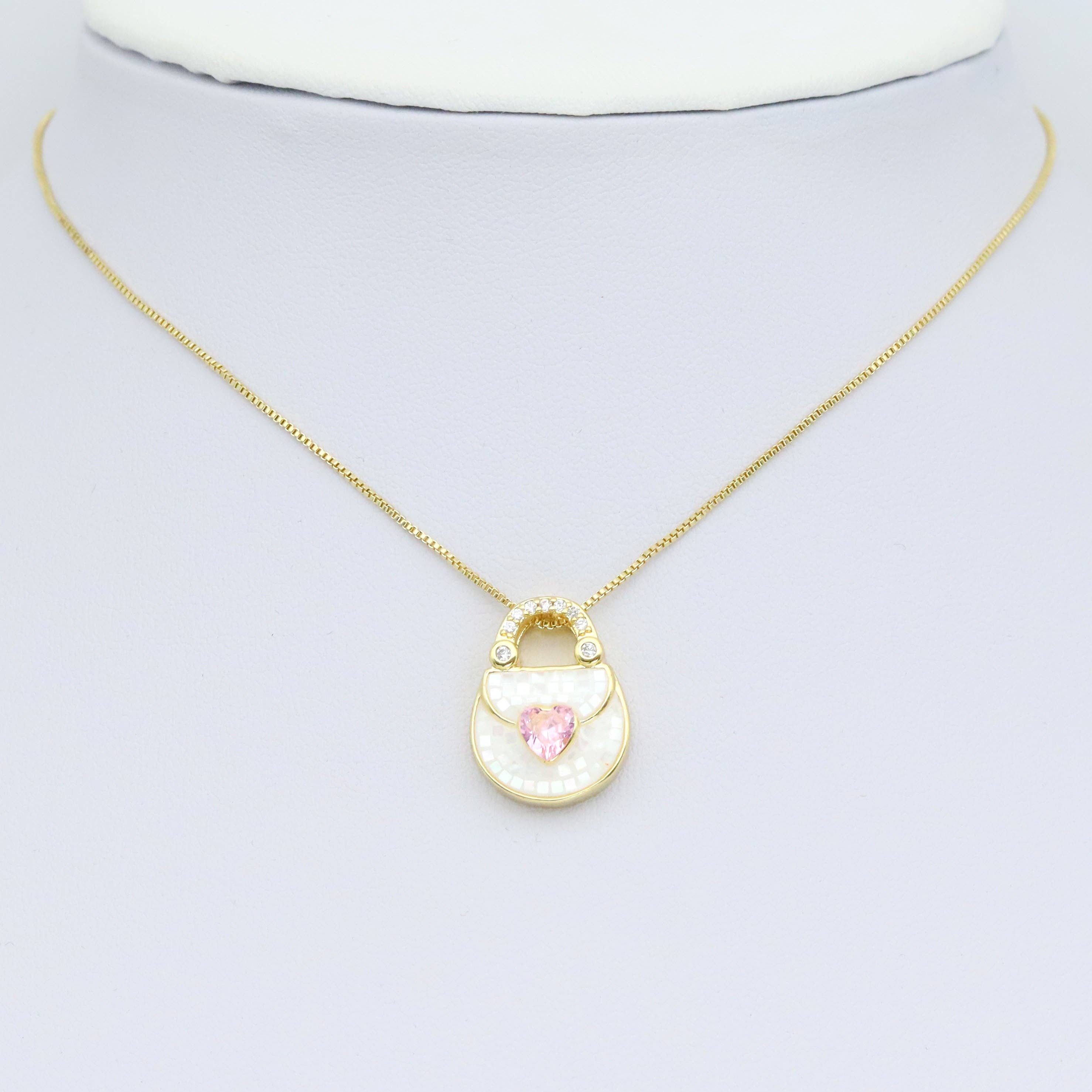 CZ Pave Mother of Pearl Heart Purse Charm Pendant, Sku#WL16