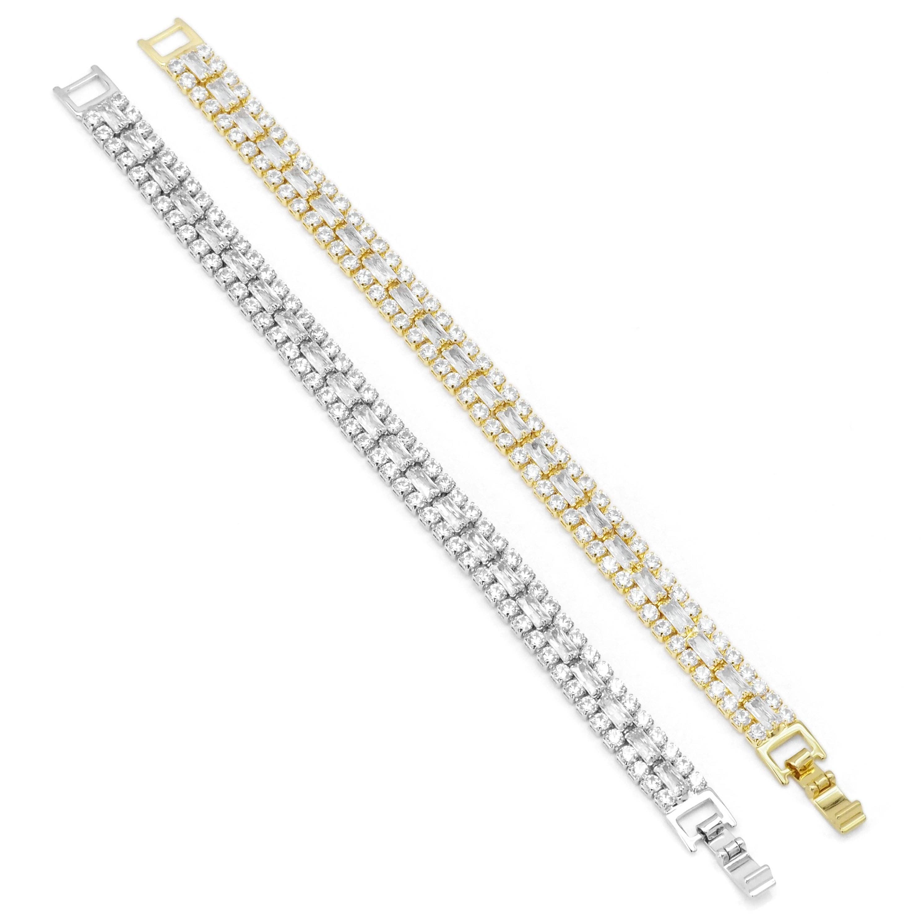 Gold Silver three Rows Diamond Bracelet, Sku#A135