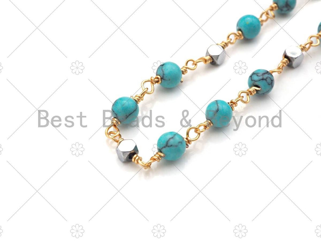1 Foot/Yard-5mm&3mm Turquoise Yellow Round  Rosary Chain- Brass Wire Wrapped Gold Plated Chain- DIY Necklace/Bracelet Link Findings, sku#V67