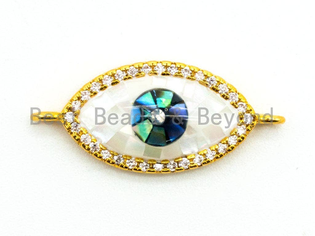 CZ Micro Pave Evil Eye Connector with Abalone Pearl Shell, Cubic Zirconia Space Connector, CZ Abalone Pearl Charm 10x23mm, 1pc,SKU#Z24
