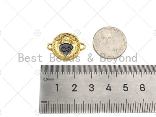 Black Enamel Heart On Round Coin Shape Connector, 18K Gold Enamel Link, Necklace Bracelet Charm Pendant,18x23mm,Sku#Z1329