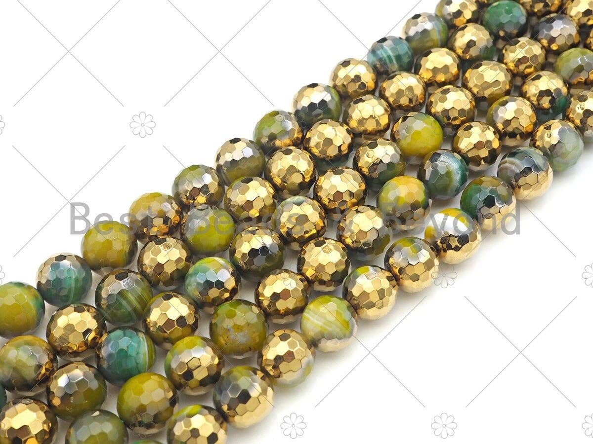 Half Gold Plated Olive Green Agate Beads, 8mm/10mm/12mm Roun