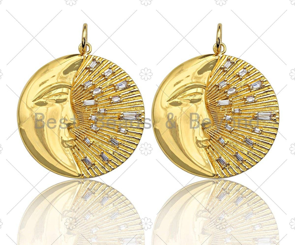 CZ Micro Pave Moon with Radiation Light Round Coin Pendant/Charm, Large Gold/Silver/Rose Gold/Gunmetal Coin Pendant, 31mm, sku#Y297