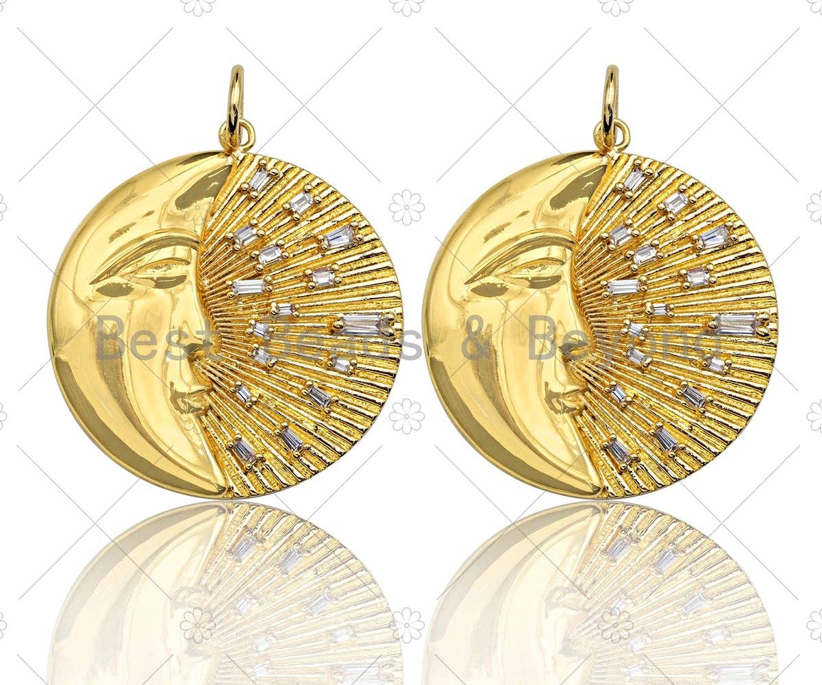 CZ Micro Pave Moon with Radiation Light Round Coin Pendant/Charm, Large Gold/Silver/Rose Gold/Gunmetal Coin Pendant, 31mm, sku#Y297