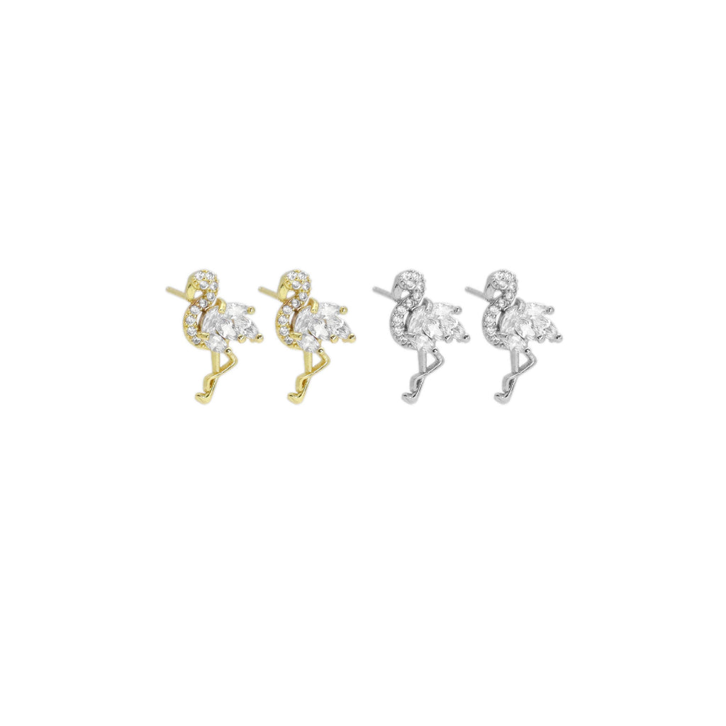Clear CZ Flamingo Gold Silver Stud Earrings, bird earrings, Sku#A176