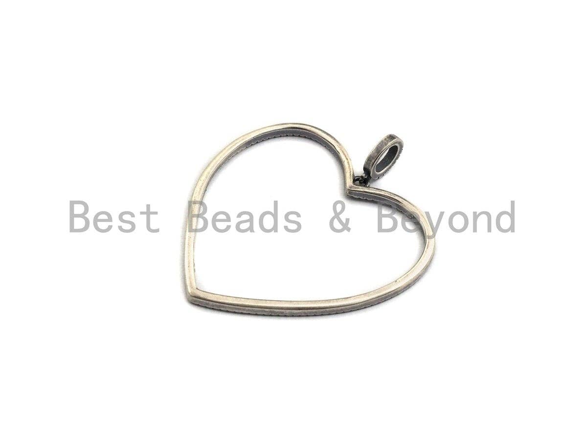 Rhidium CZ Micro Pave Large Hollow out Heart Pendant, Oxidized Silver Pave Pendant, Antique Silver Fashion Jewelry Findings, 43mm, sku#X118