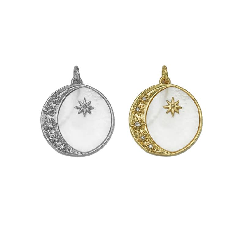 Gold CZ Cresent Moon North Star ON Round MOP Charm, Sku#Z1459C