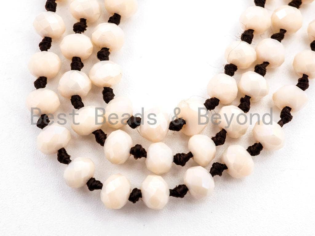 60 Long Hand Knotted Beige Color Crystal Necklace, D18