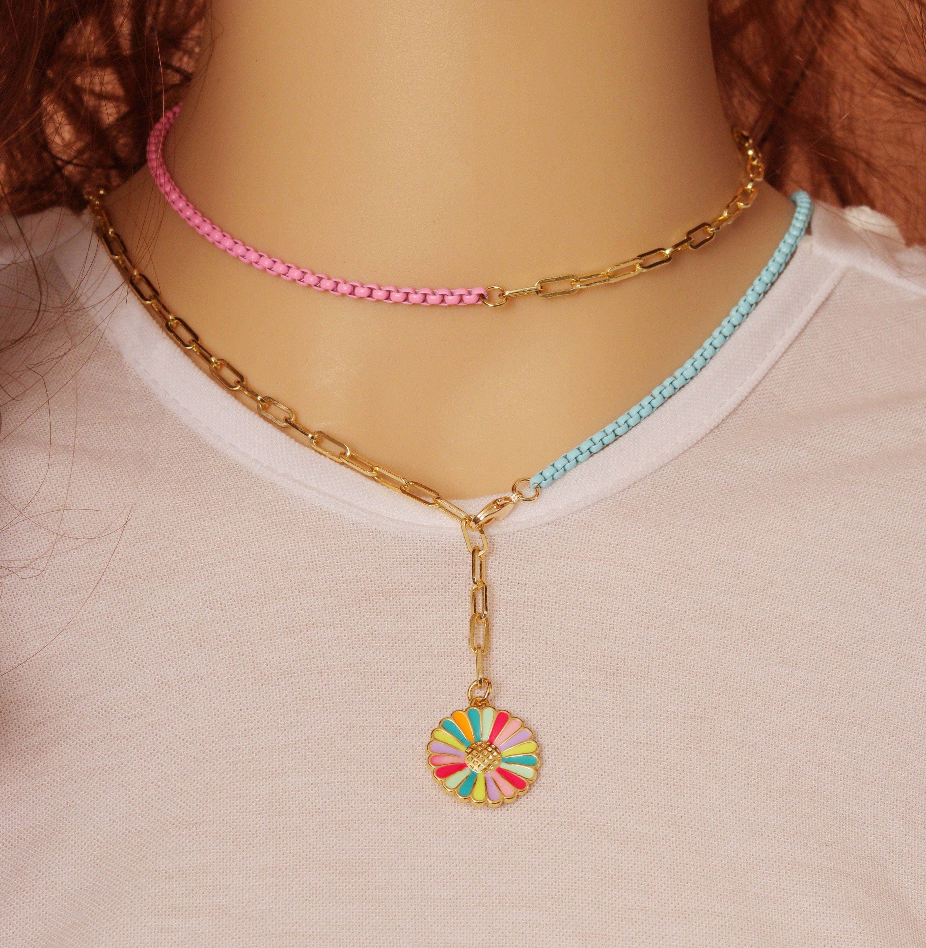 Gold Paperclip Colorful Enamel Box chain Necklace, sku#EF195